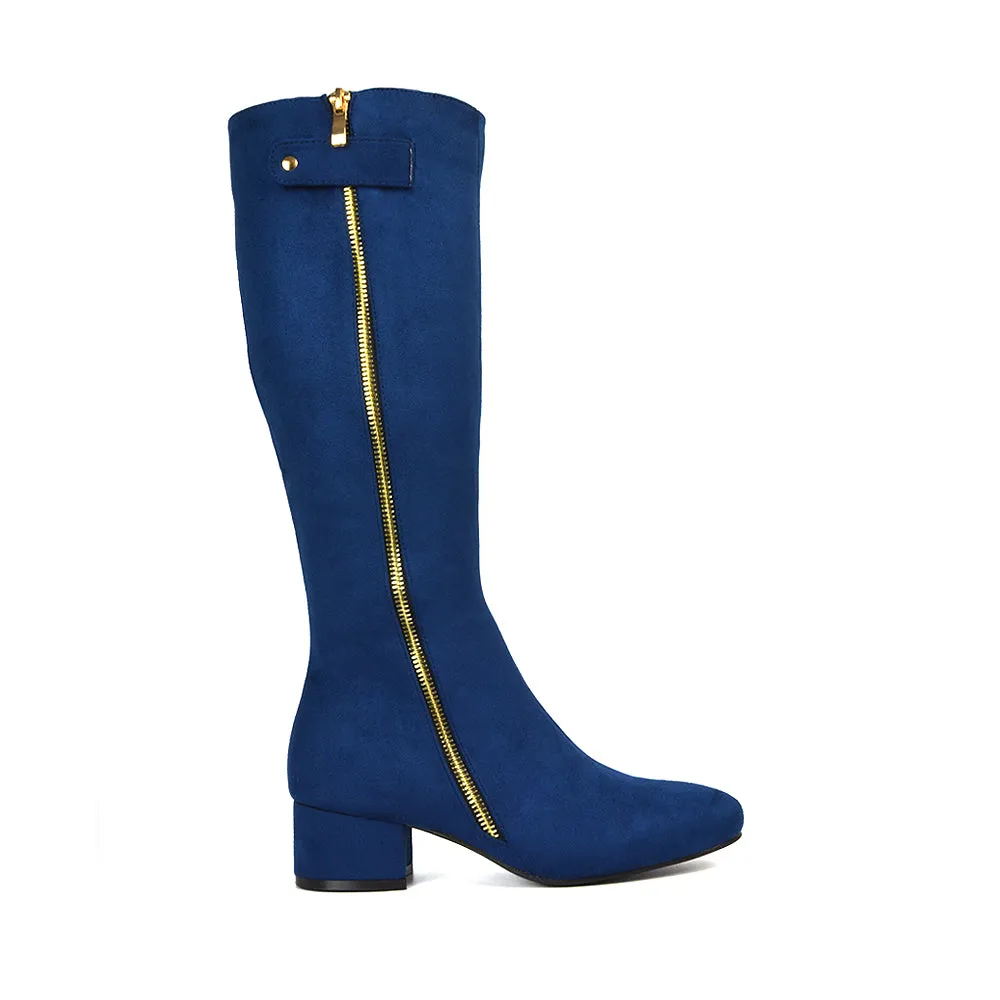 Darcy Low Block Heel Zip Up Knee High Long Boots in Black Faux Suede