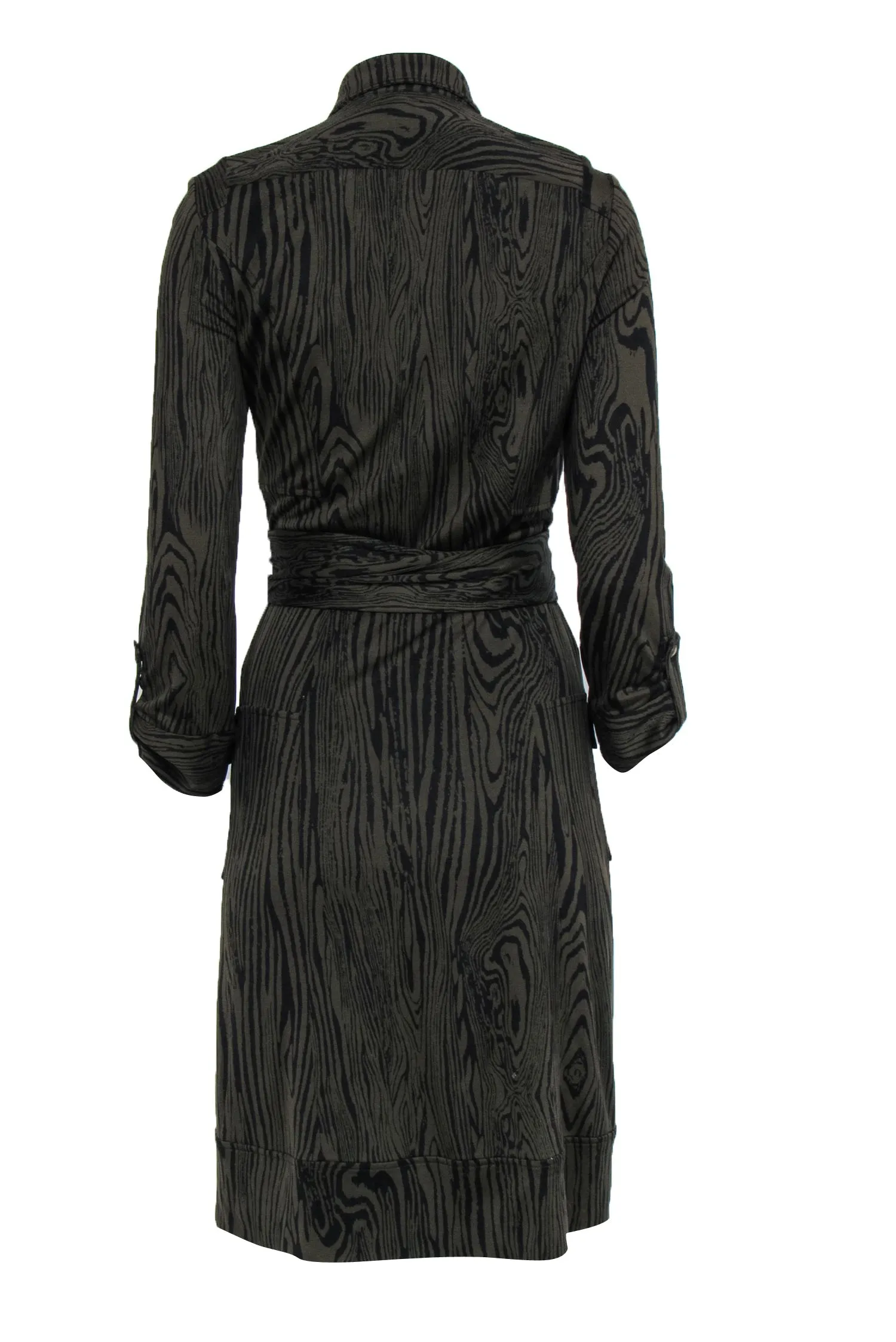 Diane von Furstenberg - Olive Wood Grain Print Silk Midi Wrap Dress Sz 8