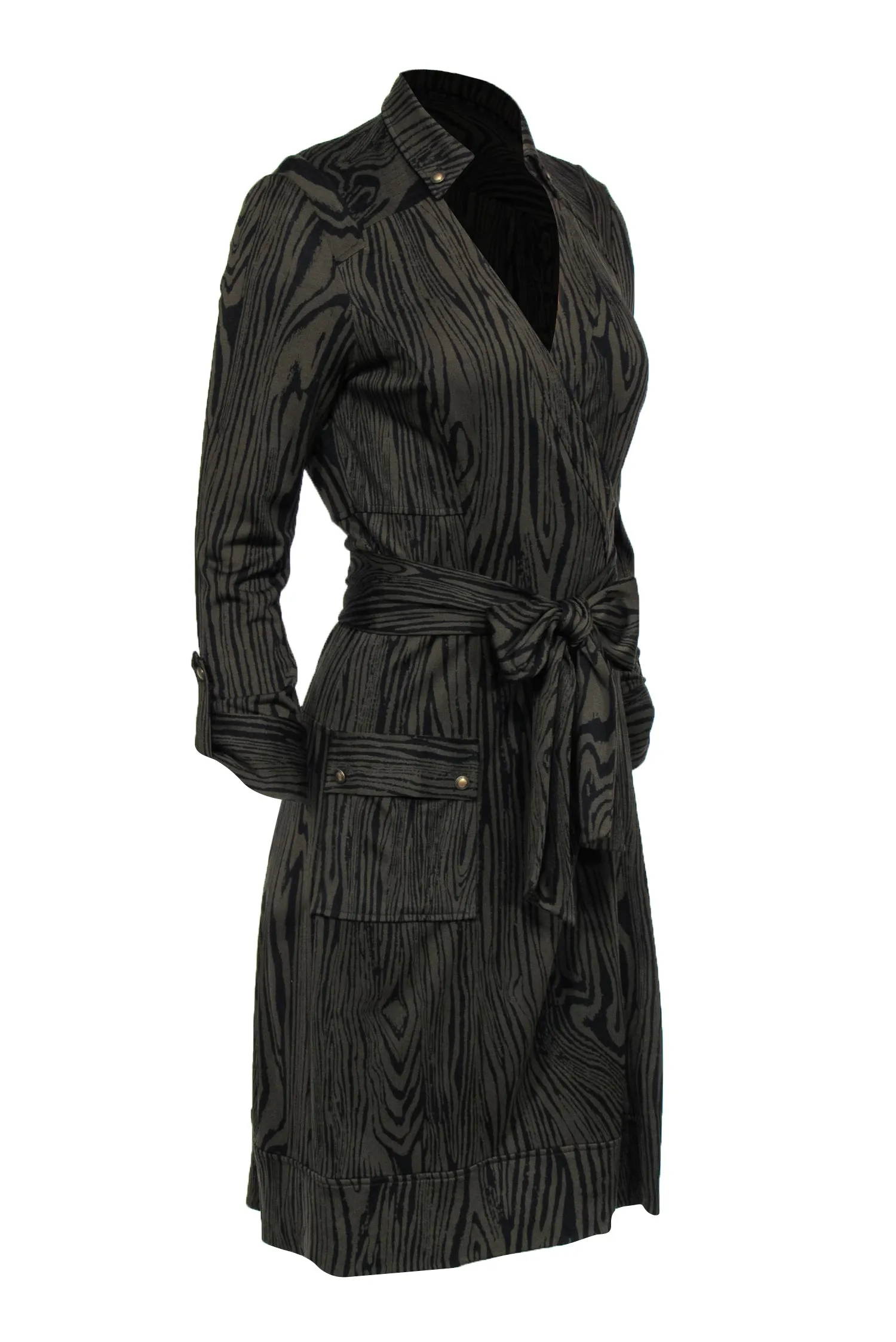Diane von Furstenberg - Olive Wood Grain Print Silk Midi Wrap Dress Sz 8
