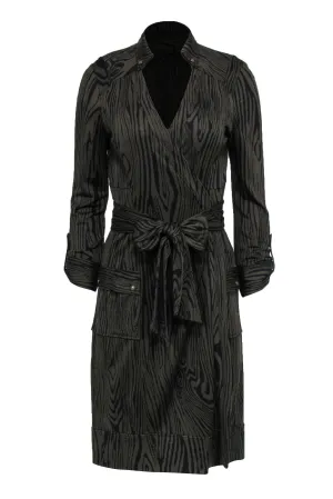 Diane von Furstenberg - Olive Wood Grain Print Silk Midi Wrap Dress Sz 8