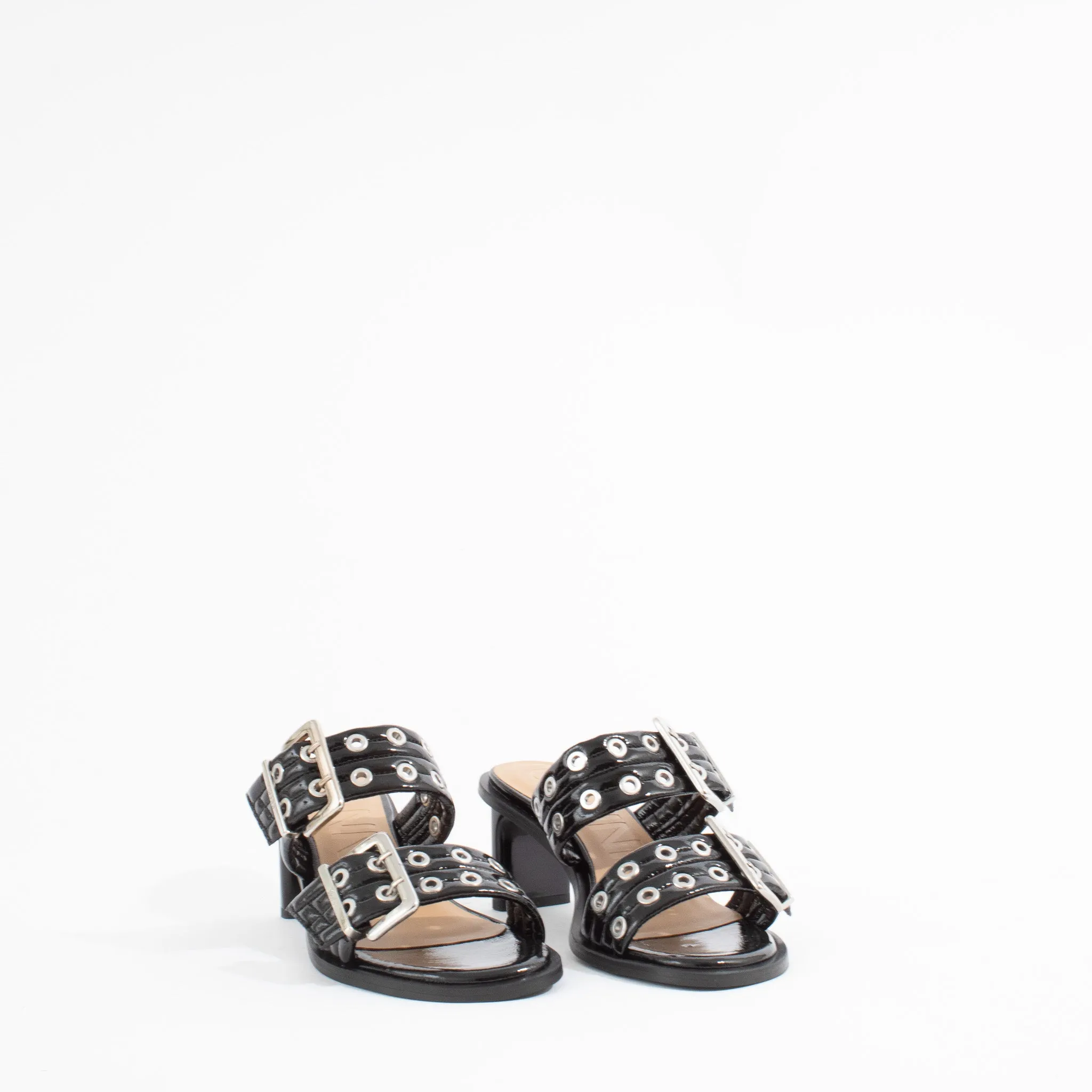 FEMININE BUCKLE HEEL MULE SANDAL | BLACK