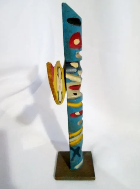 Handmade Carved Wood ALASKA ECHO POINT TOTEMS Statue Totem Pole Art BLUE Vintage
