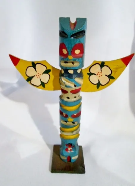 Handmade Carved Wood ALASKA ECHO POINT TOTEMS Statue Totem Pole Art BLUE Vintage