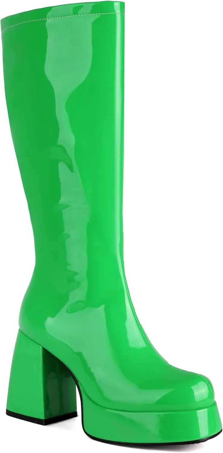 Knee High Boots for Women - Gogo Boots for Women with Platform Chunky Heel Side Zipper Square Toe Large Size Tall Boots