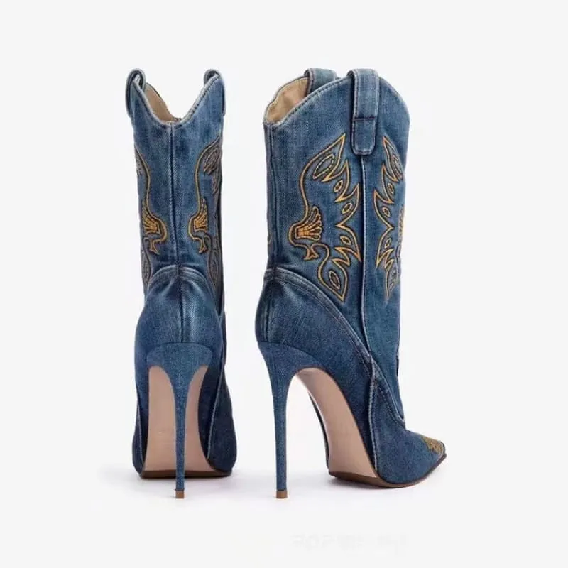 Ladies Western Cowboy Style High Heel Pointed Toe Boots