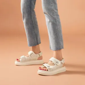 Lattice Round Toe Hook Loop Plaid Cloth Outdoor Sandals