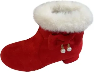 Low Heel Fuzzy Booties For Girls Kids Teen Girl Bow Outdoor Snow Boots Shoes Children Princess Winter Warm Thick Shoes