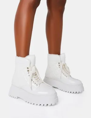 Magda White Patent Crinkled Quilted Faux Fur Lining Chunky Ankle Boots