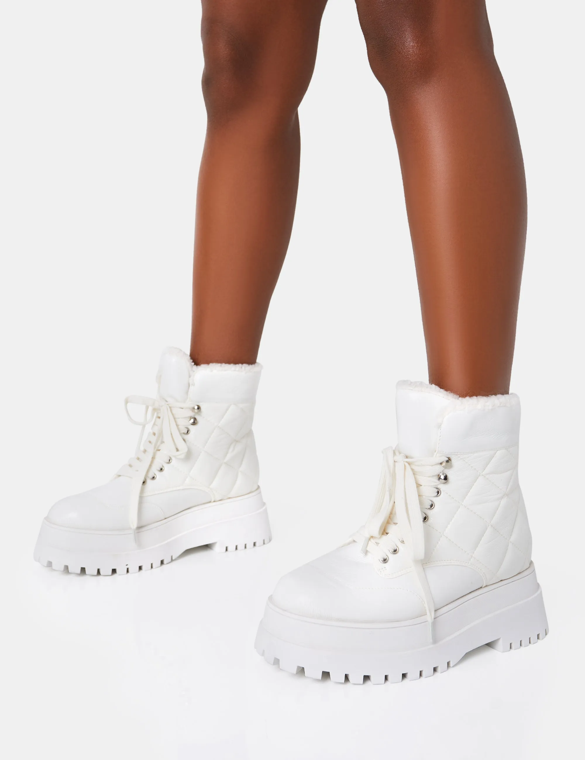 Magda White Patent Crinkled Quilted Faux Fur Lining Chunky Ankle Boots