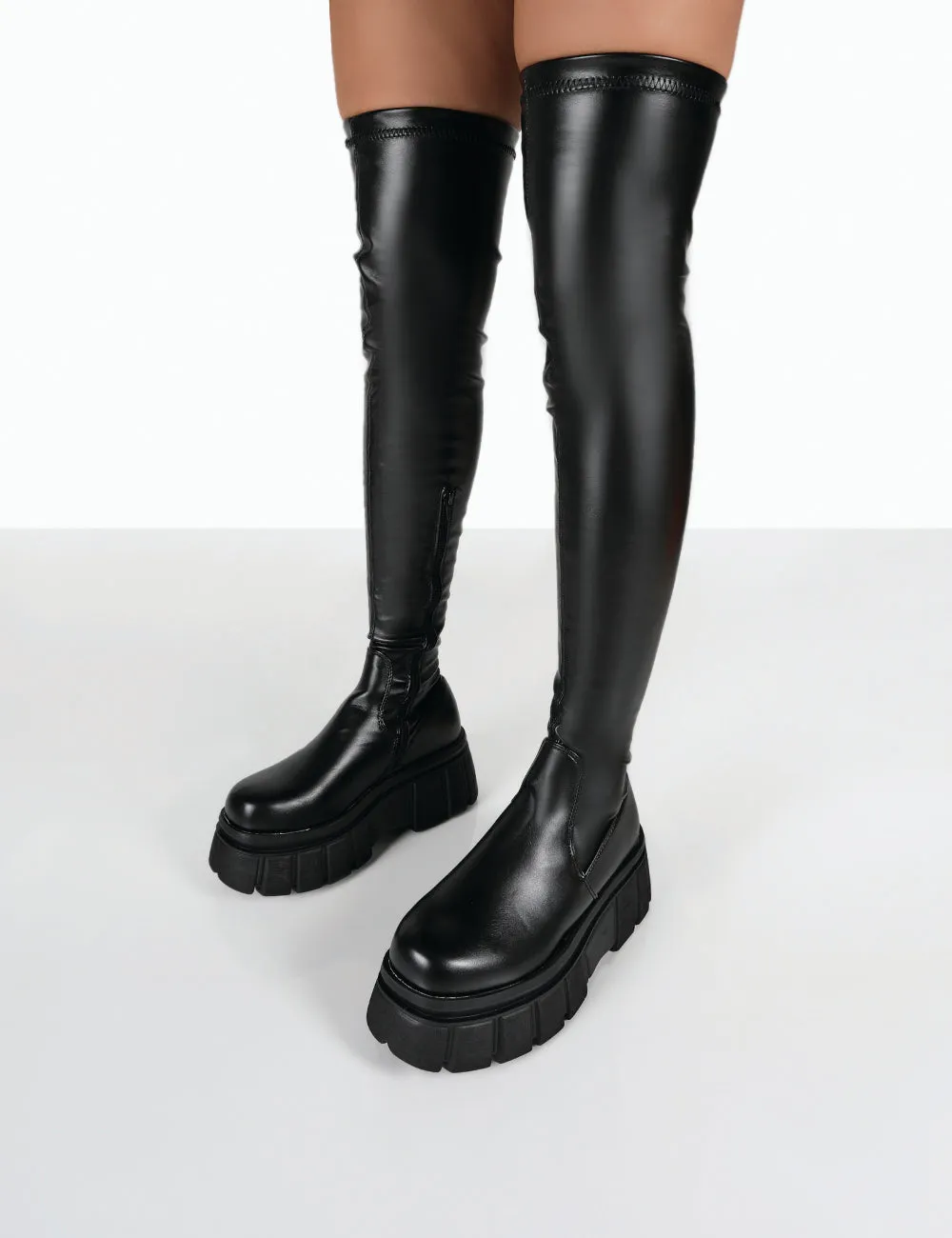 NECESSITY BLACK PU OVER THE KNEE CHUNKY SOLE BOOTS