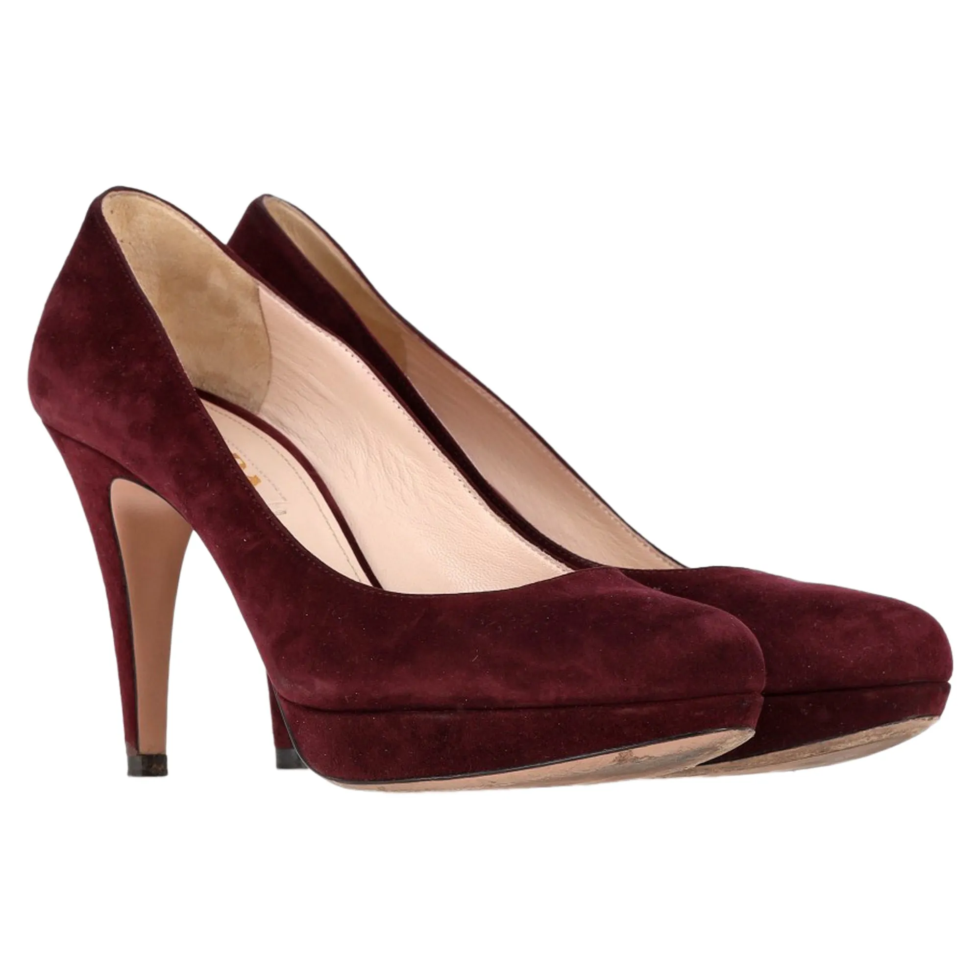 Prada Platform Heel Pumps in Burgundy Suede
