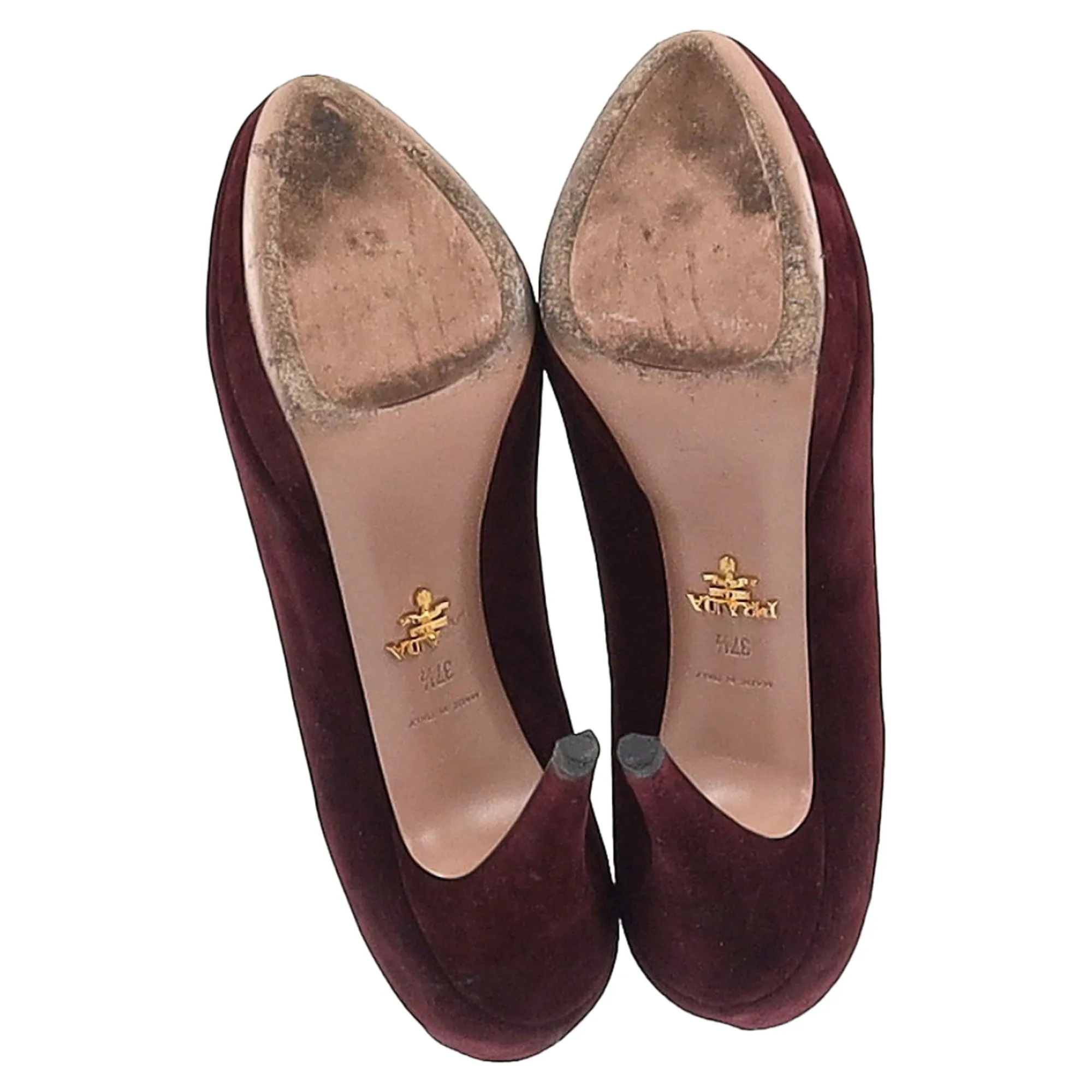 Prada Platform Heel Pumps in Burgundy Suede