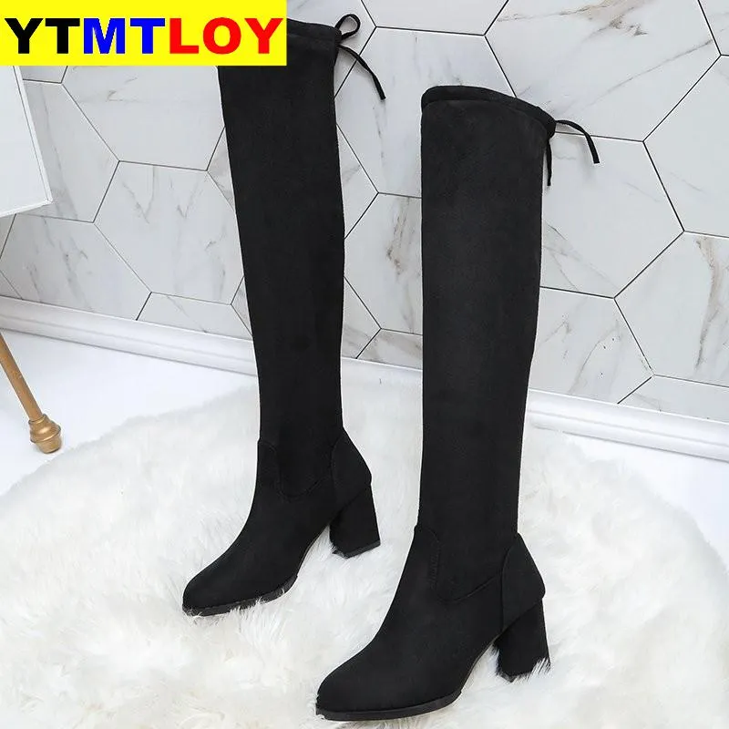 Sexy Slim Fit Elastic Flock Over The Knee Boots Women shoes Autumn Winter ladies high heel Long Thigh Size 35-40