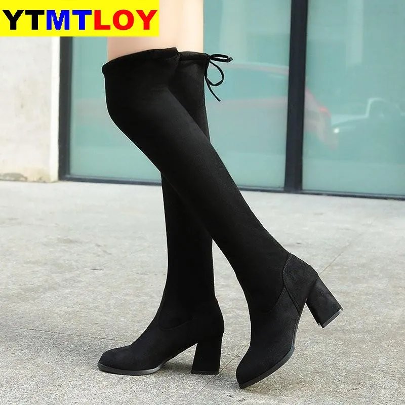 Sexy Slim Fit Elastic Flock Over The Knee Boots Women shoes Autumn Winter ladies high heel Long Thigh Size 35-40