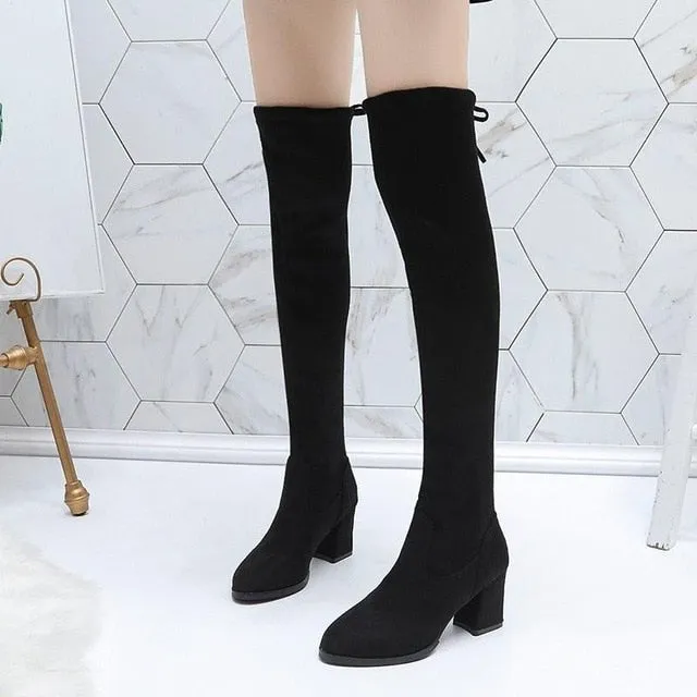 Sexy Slim Fit Elastic Flock Over The Knee Boots Women shoes Autumn Winter ladies high heel Long Thigh Size 35-40