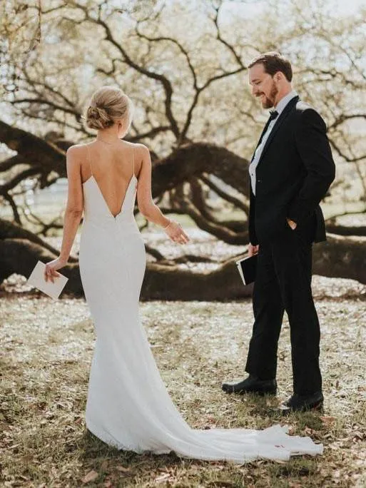 Simple Wedding Dresses Mermaid Spaghetti Straps Long Satin Bridal Gowns TN240