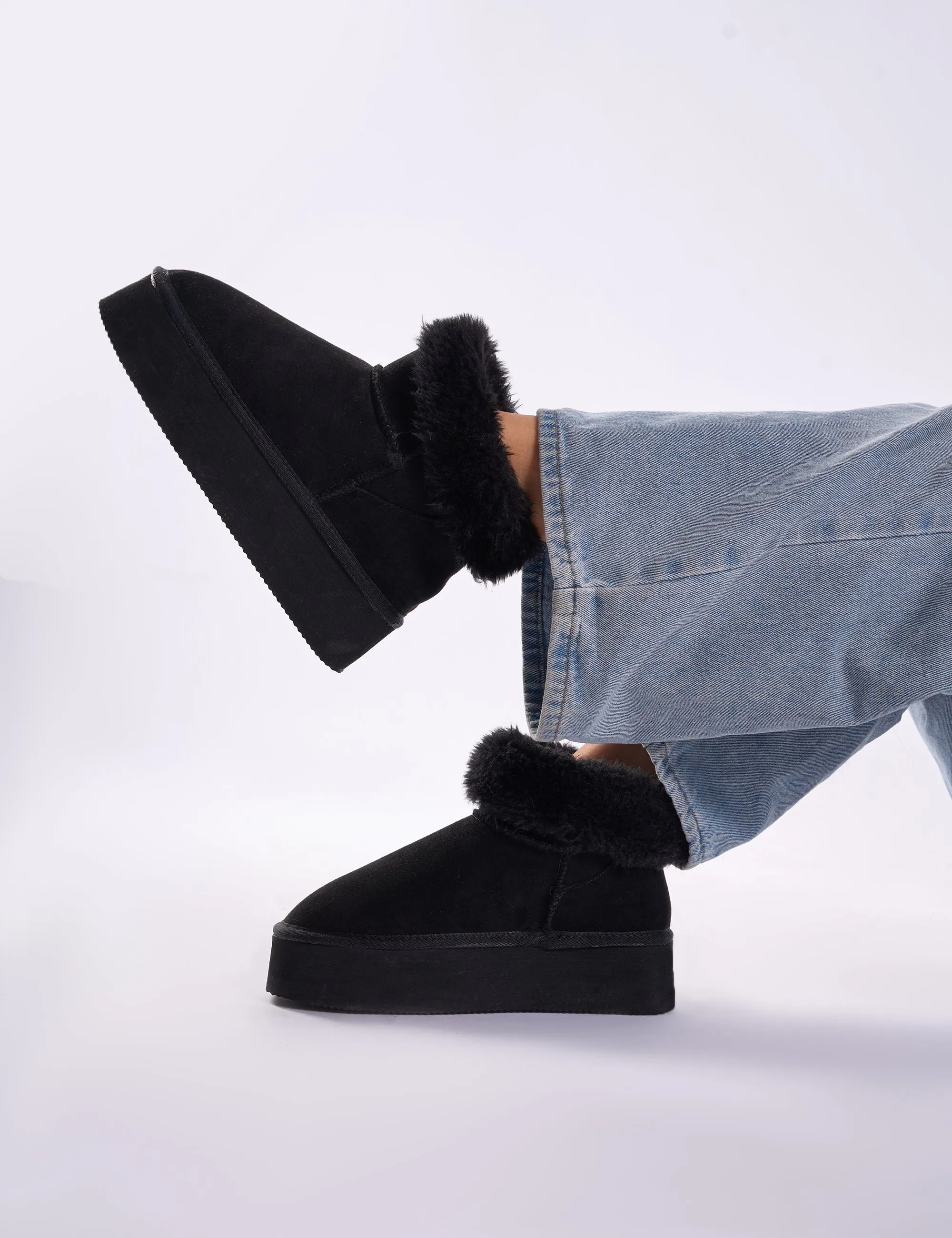 Snowdrop Black Fur Faux Suede Ultra Mini Ankle Platform Boots