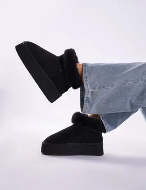Snowdrop Black Fur Faux Suede Ultra Mini Ankle Platform Boots