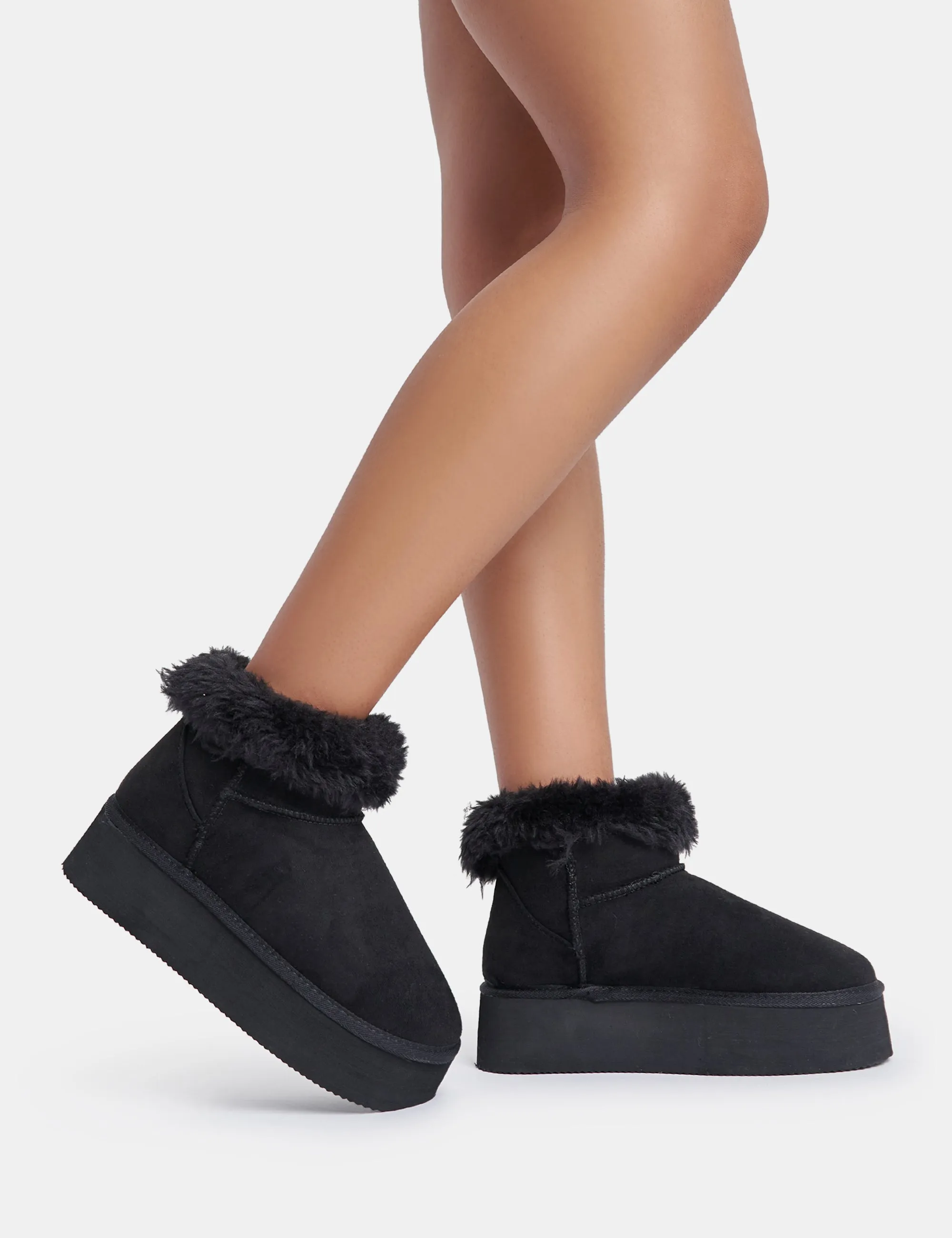 Snowdrop Black Fur Faux Suede Ultra Mini Ankle Platform Boots