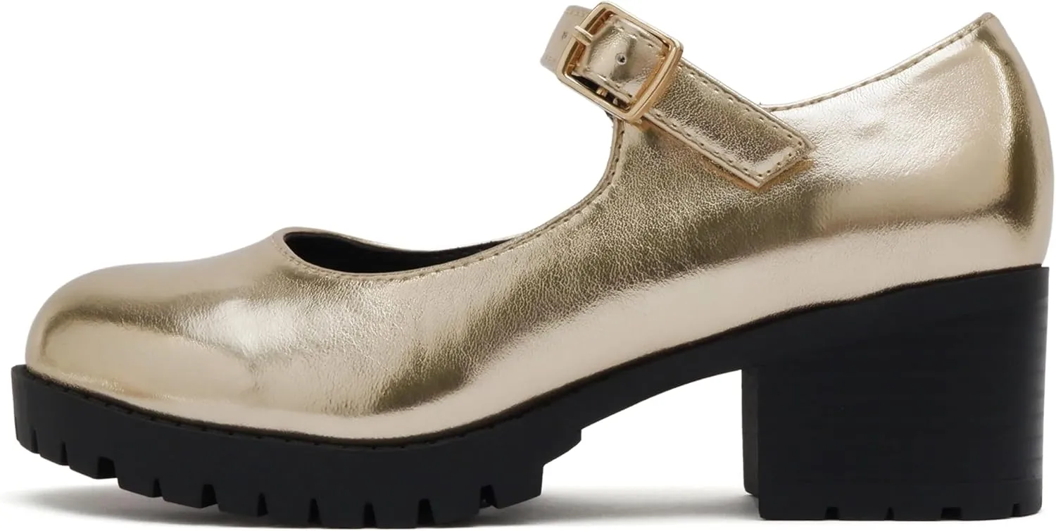Soda Boxer-2 Kids/Children/Girls Fashion Mary Jane Style Rounded Chunky Block Lug Sole Heel with Adjustable Strap