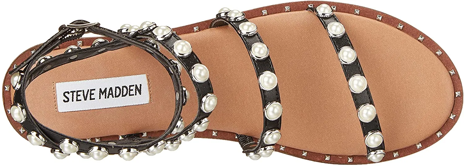 Steve Madden Travel Black Pearl Ankle Strap Rounded Toe Pearl Detail Flat Sandal