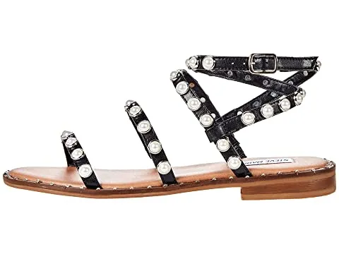 Steve Madden Travel Black Pearl Ankle Strap Rounded Toe Pearl Detail Flat Sandal