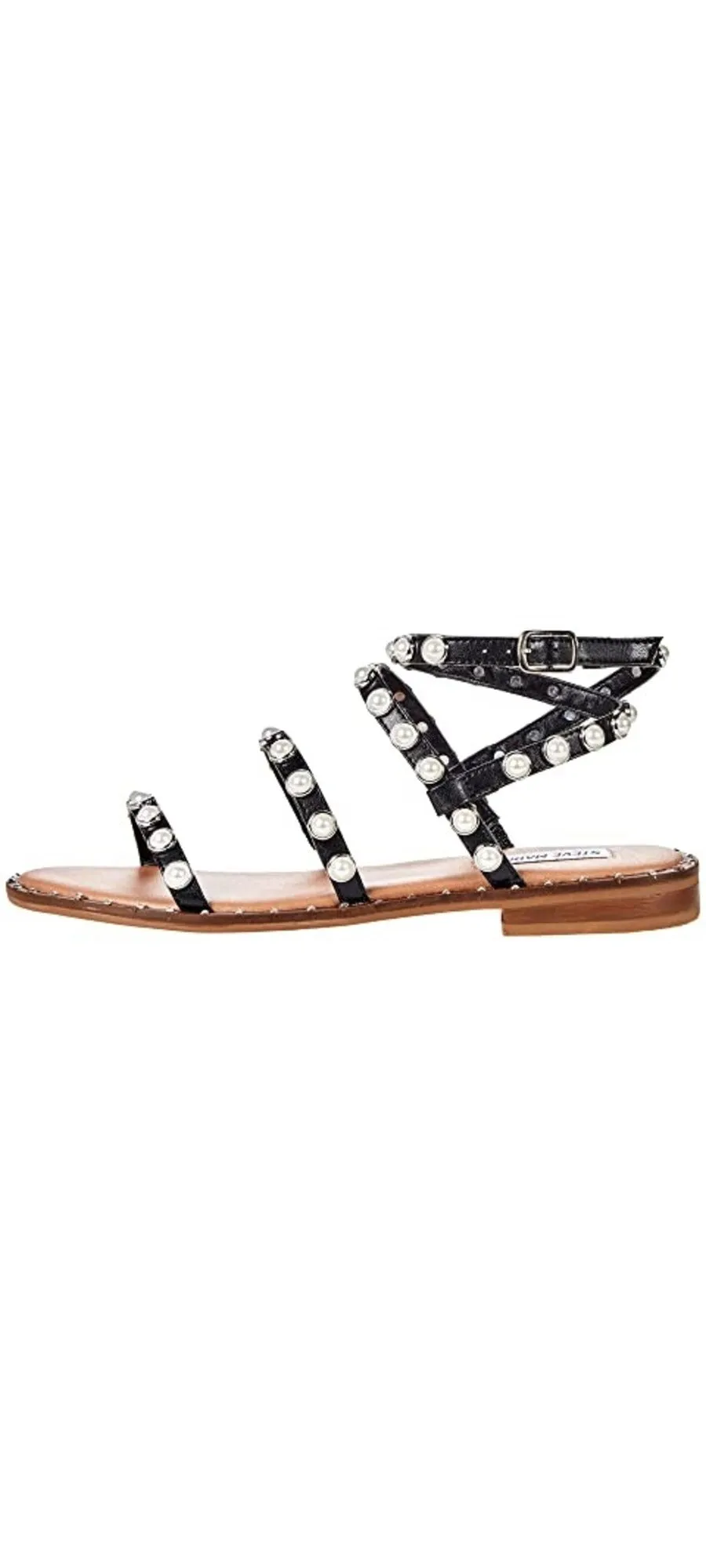 Steve Madden Travel Black Pearl Ankle Strap Rounded Toe Pearl Detail Flat Sandal