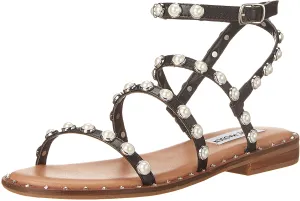 Steve Madden Travel Black Pearl Ankle Strap Rounded Toe Pearl Detail Flat Sandal