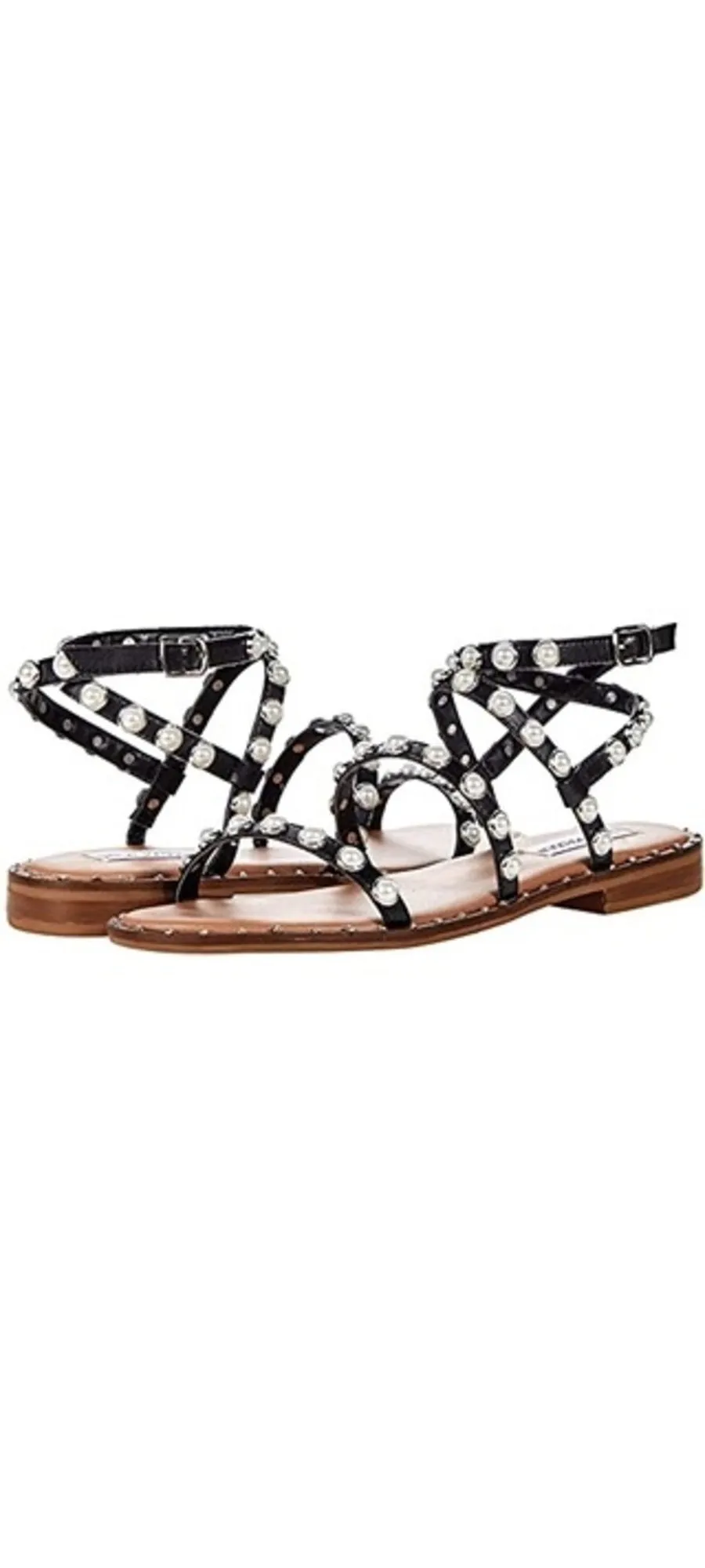 Steve Madden Travel Black Pearl Ankle Strap Rounded Toe Pearl Detail Flat Sandal