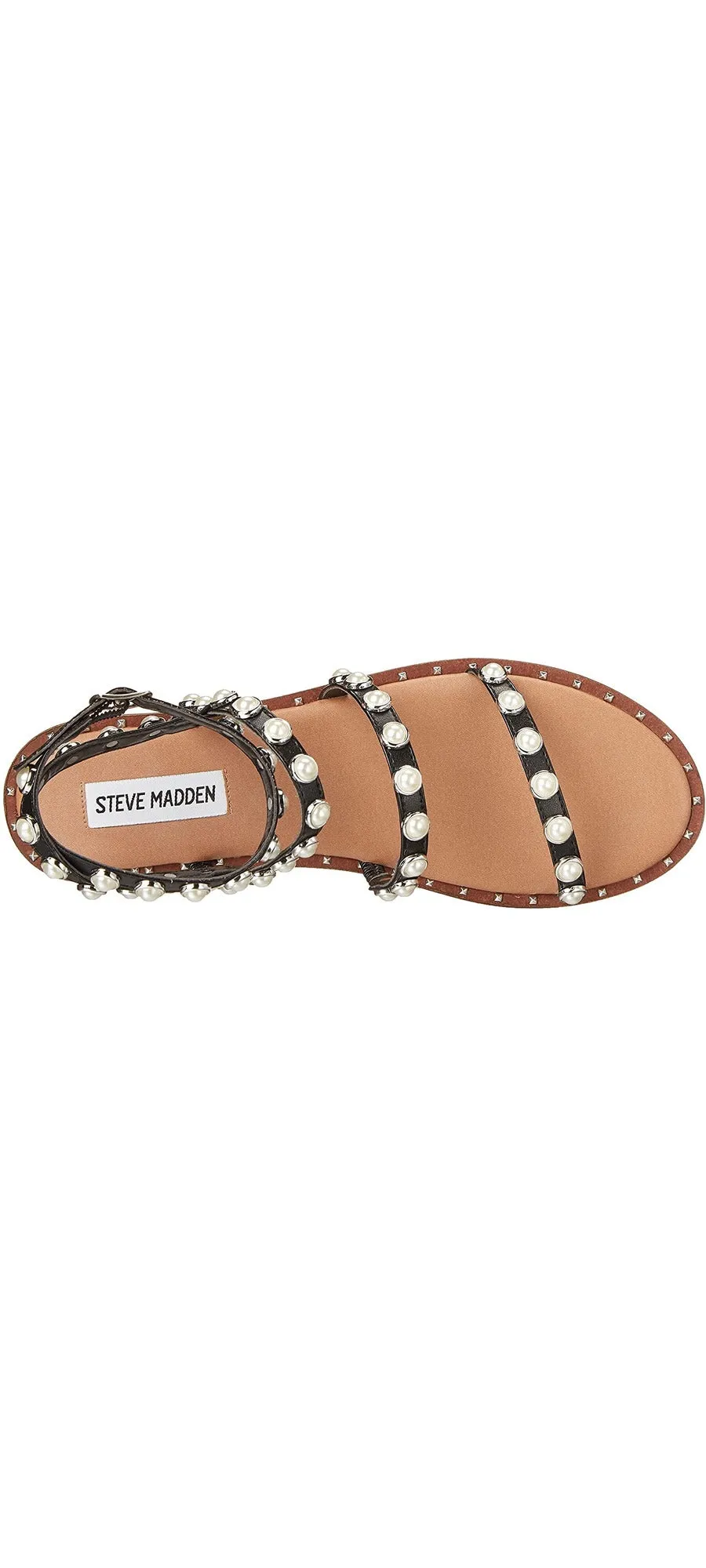 Steve Madden Travel Black Pearl Ankle Strap Rounded Toe Pearl Detail Flat Sandal