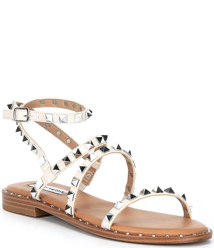 Steve Madden Womens Sandals Travel Bone Ankle Strap Embellished Flat Sandals Sandals