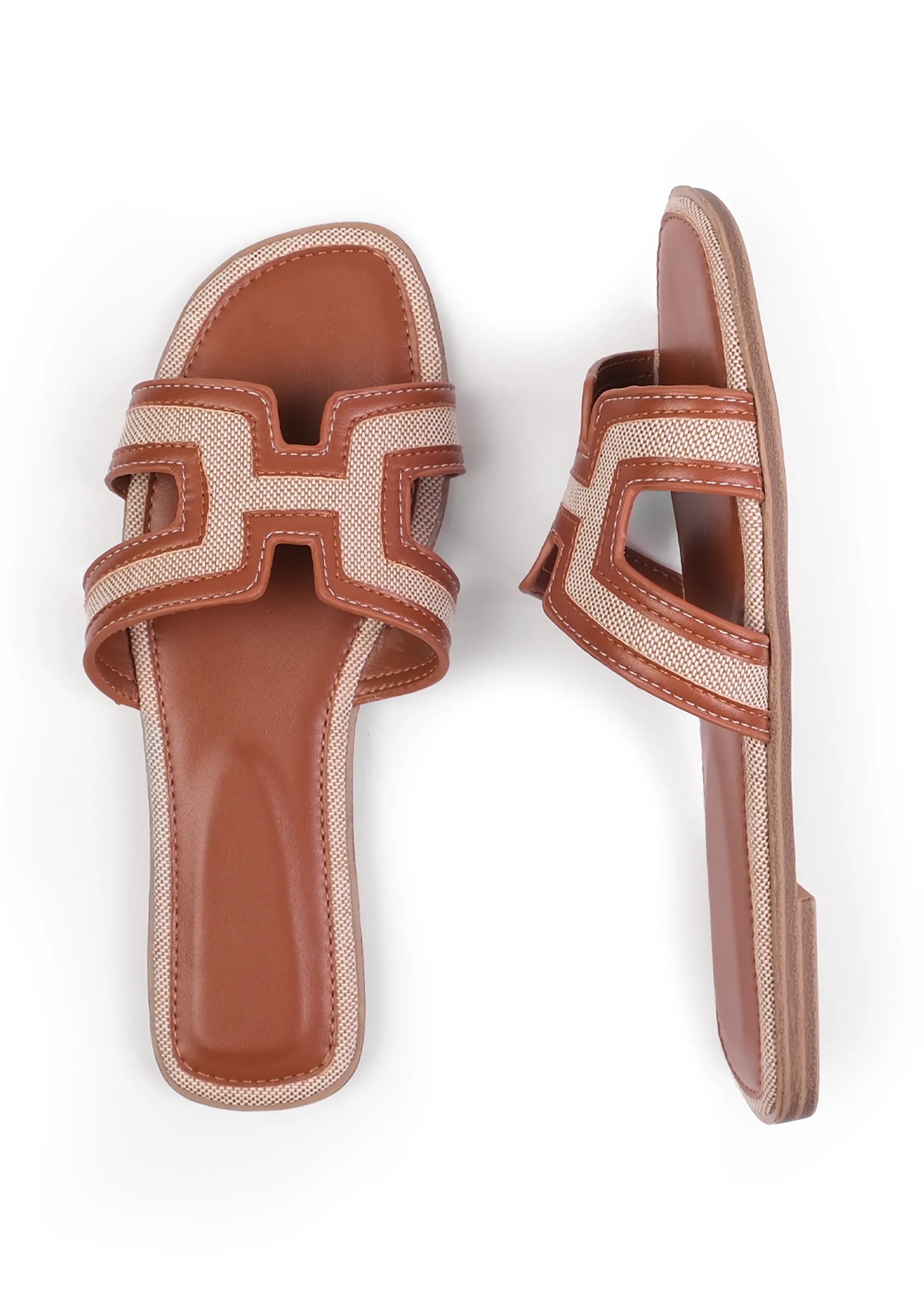 SURGE CUT OUT STRAP FLAT SANDALS IN TAN FAUX LEATHER
