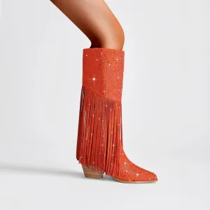 Tassel Rhinestone Round Head Thick Heel High Sleeve Knee Length Boots