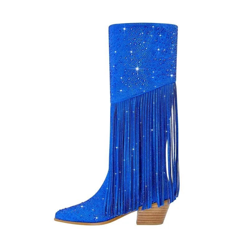 Tassel Rhinestone Round Head Thick Heel High Sleeve Knee Length Boots
