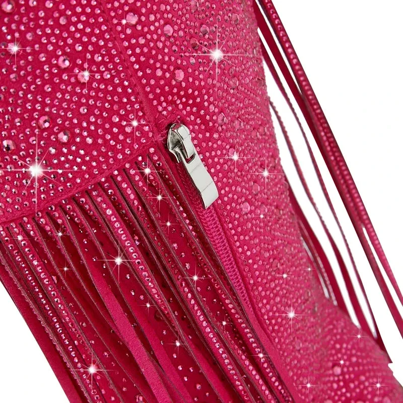 Tassel Rhinestone Round Head Thick Heel High Sleeve Knee Length Boots