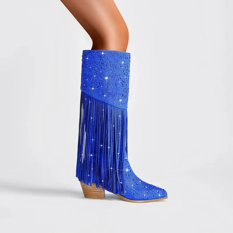 Tassel Rhinestone Round Head Thick Heel High Sleeve Knee Length Boots