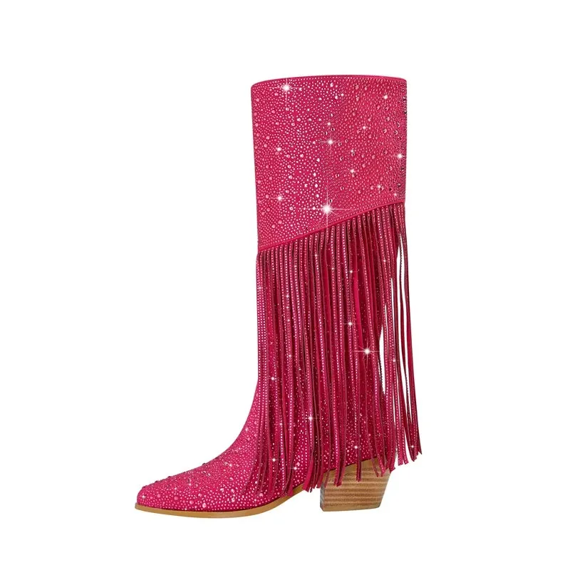 Tassel Rhinestone Round Head Thick Heel High Sleeve Knee Length Boots