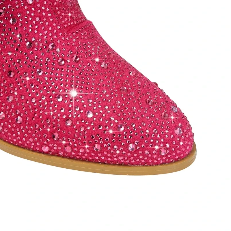 Tassel Rhinestone Round Head Thick Heel High Sleeve Knee Length Boots
