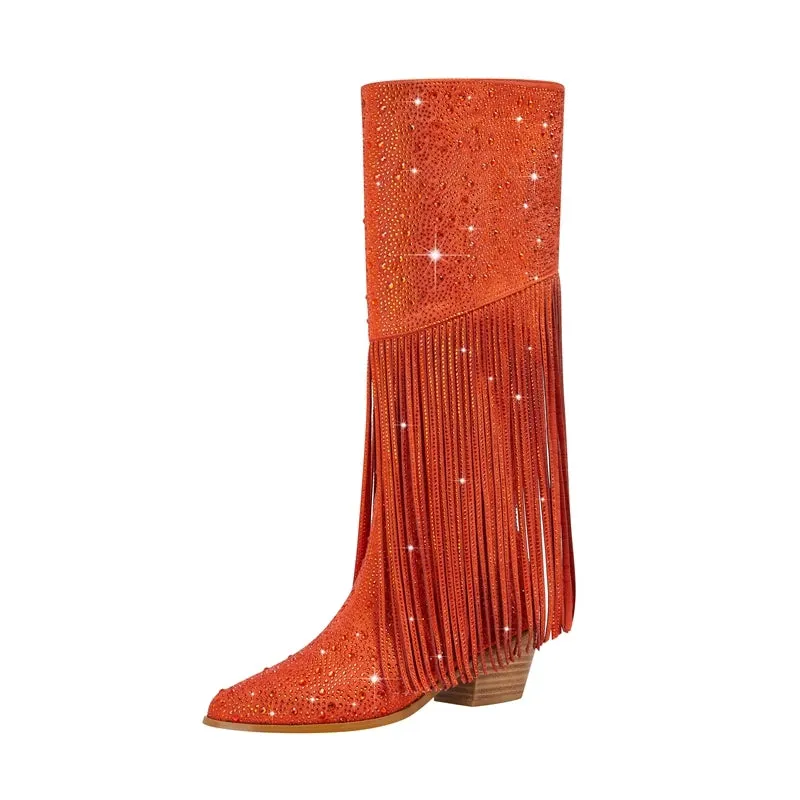 Tassel Rhinestone Round Head Thick Heel High Sleeve Knee Length Boots