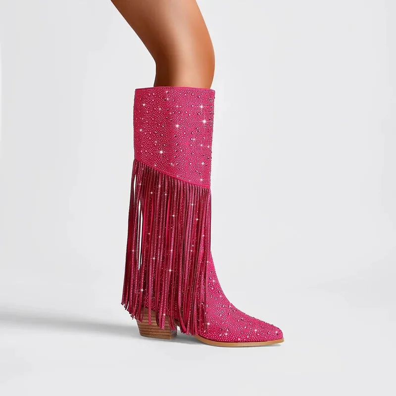 Tassel Rhinestone Round Head Thick Heel High Sleeve Knee Length Boots
