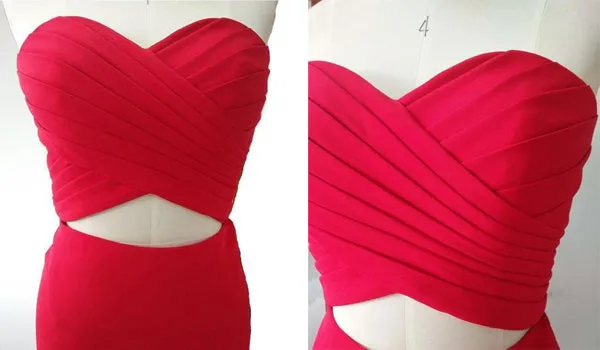 Unique Sleeveless Red Mermaid Two Piece Sweetheart Neck Prom Dresses, SP392