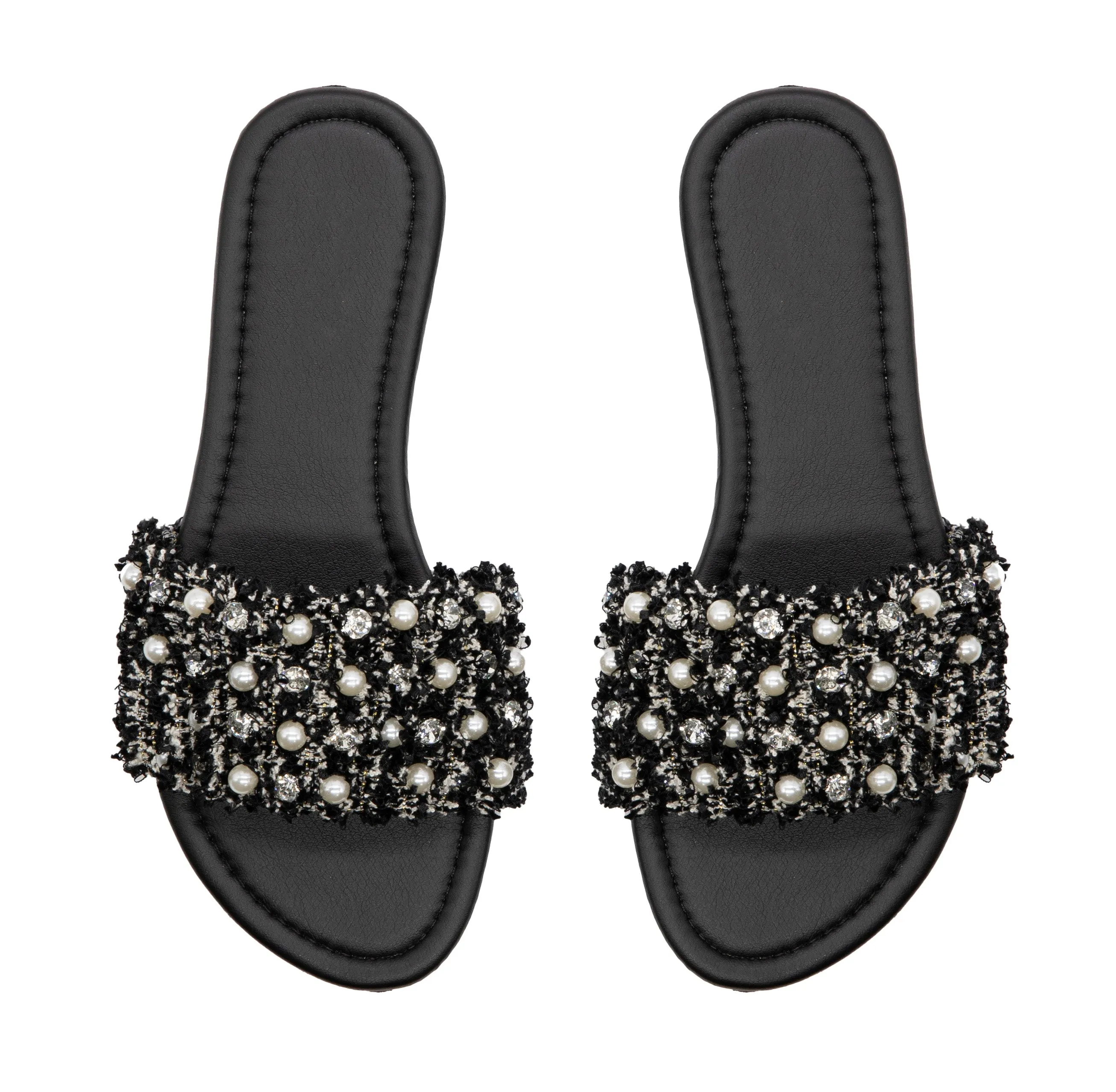Women's Flat Sandals With Pearl and Rhinestone Detail