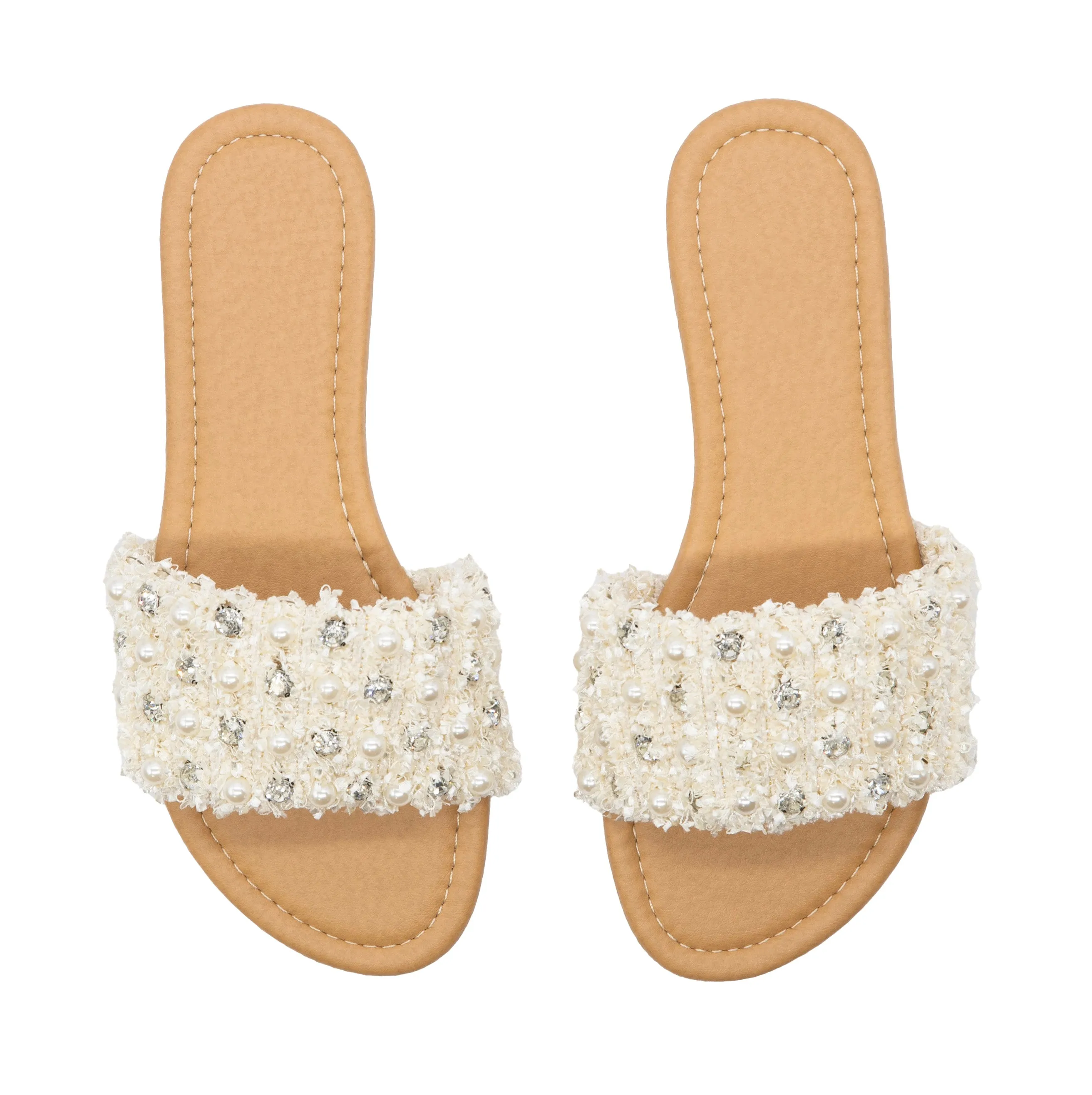 Women's Flat Sandals With Pearl and Rhinestone Detail