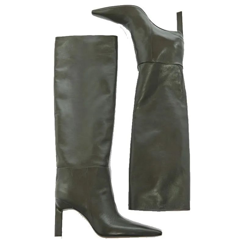 Women's Leather High Heel Pointed Toe Knee High Boots Spring Autumn